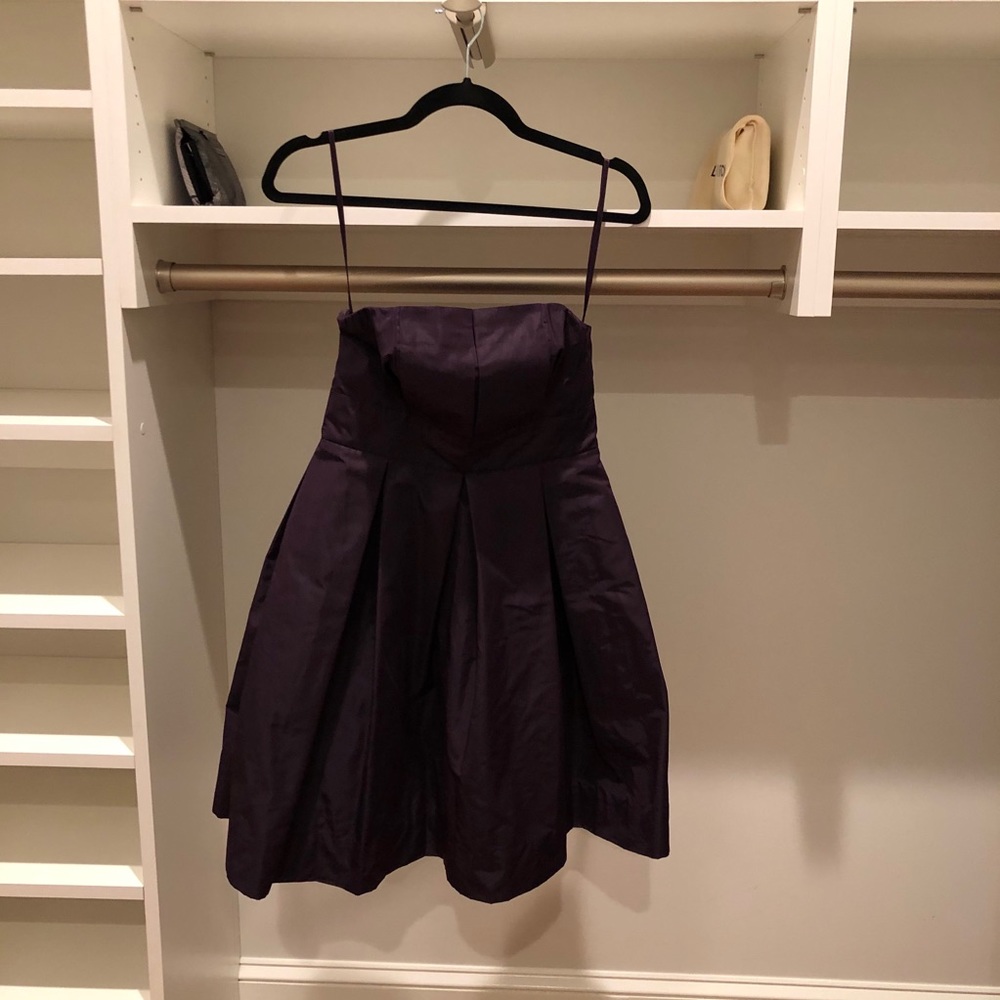 Strapless plum party dress with molded cups